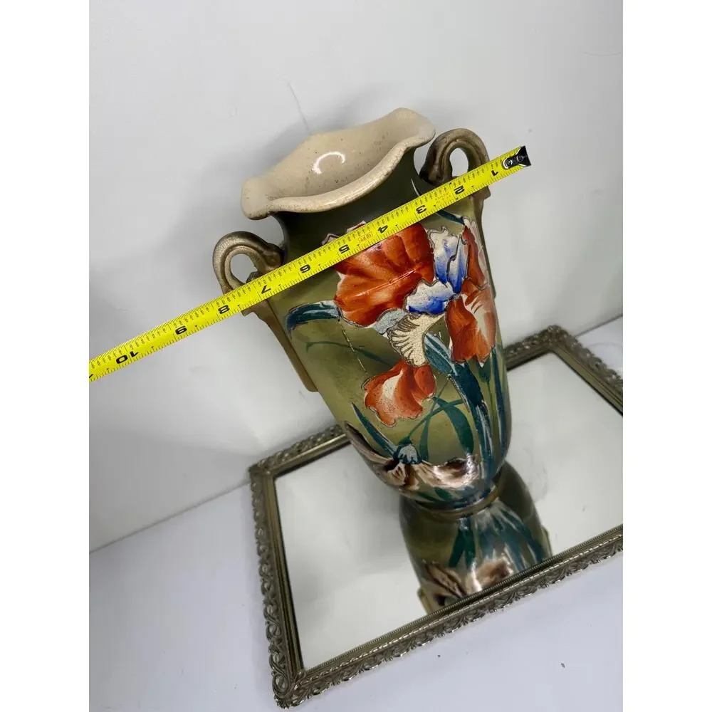 Stunning Large Antique Asian Handpainted Pottery Vase Ruffle Rim Handles Raised